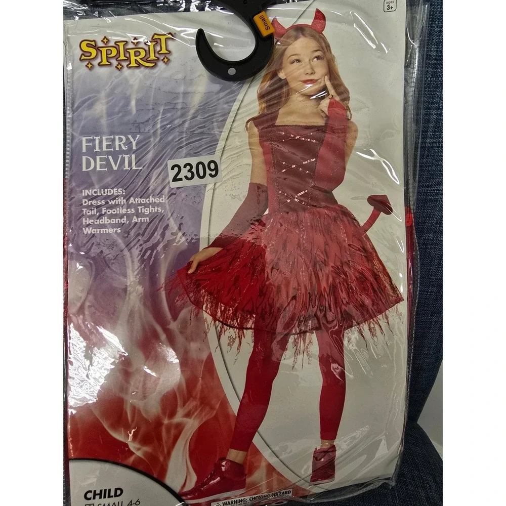 Spirit Halloween Fiery Devil Costume Kids Small 4-6 Red Dress Tights Headband